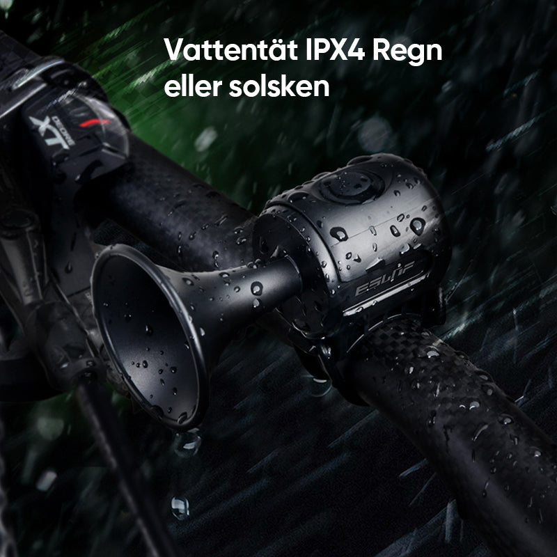 "Elektriskt cykelhorn 120dB med robust design och stöldlarm, idealiskt för säker cykling i stad och terräng."