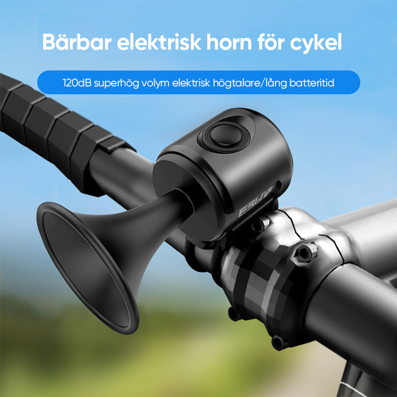 "Elektriskt cykelhorn 120dB med robust design och stöldlarm, idealiskt för säker cykling i stad och terräng."