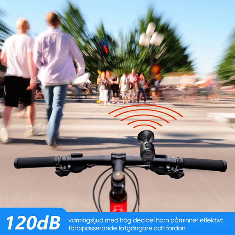 "Elektriskt cykelhorn 120dB med robust design och stöldlarm, idealiskt för säker cykling i stad och terräng."