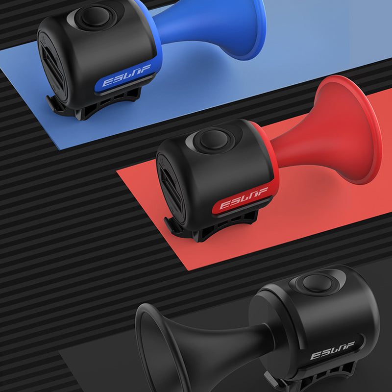 "Elektriskt cykelhorn 120dB med robust design och stöldlarm, idealiskt för säker cykling i stad och terräng."