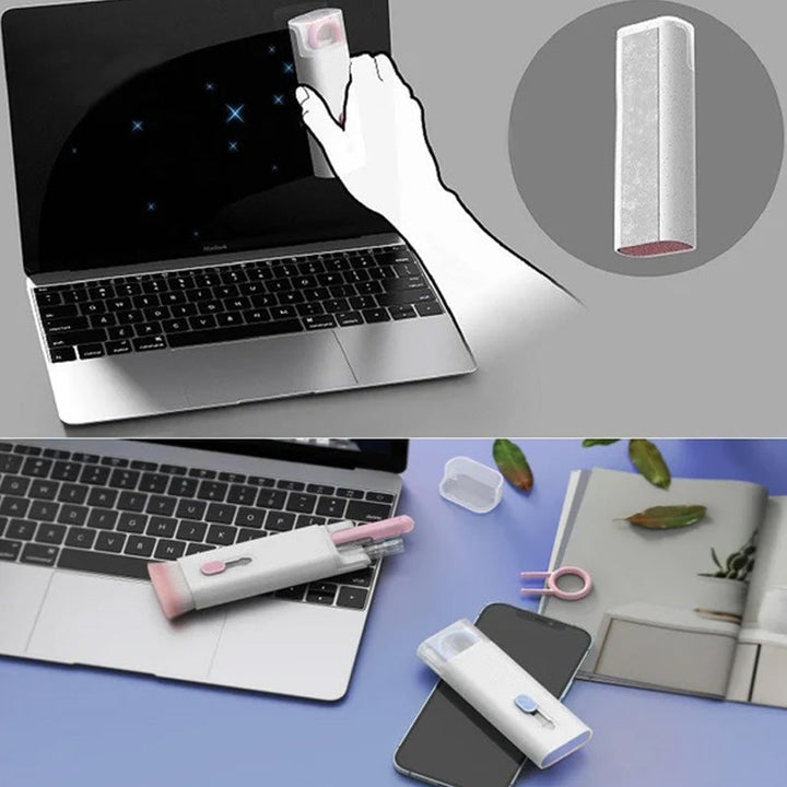 "Elektronikrengöringssats 7-i-1 i rosa och blå, med borstar och tillbehör för enkel teknologi- och gadgetrengöring."