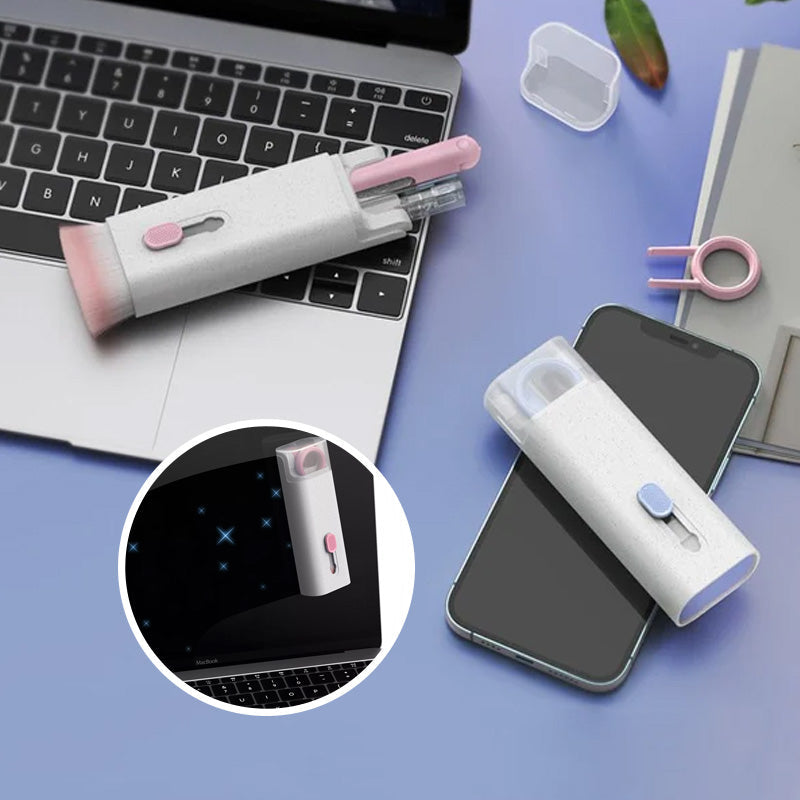 "Elektronikrengöringssats 7-i-1 i rosa och blå, med borstar och tillbehör för enkel teknologi- och gadgetrengöring."