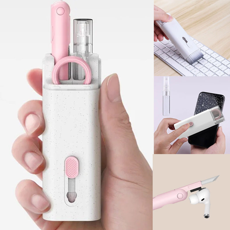 "Elektronikrengöringssats 7-i-1 i rosa och blå, med borstar och tillbehör för enkel teknologi- och gadgetrengöring."