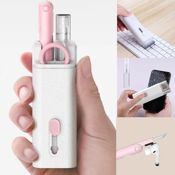 "Elektronikrengöringssats 7-i-1 i rosa och blå, med borstar och tillbehör för enkel teknologi- och gadgetrengöring."