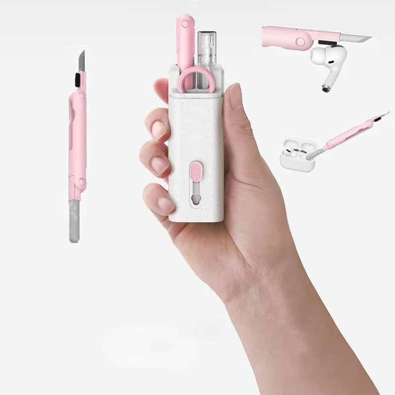 "Elektronikrengöringssats 7-i-1 i rosa och blå, med borstar och tillbehör för enkel teknologi- och gadgetrengöring."