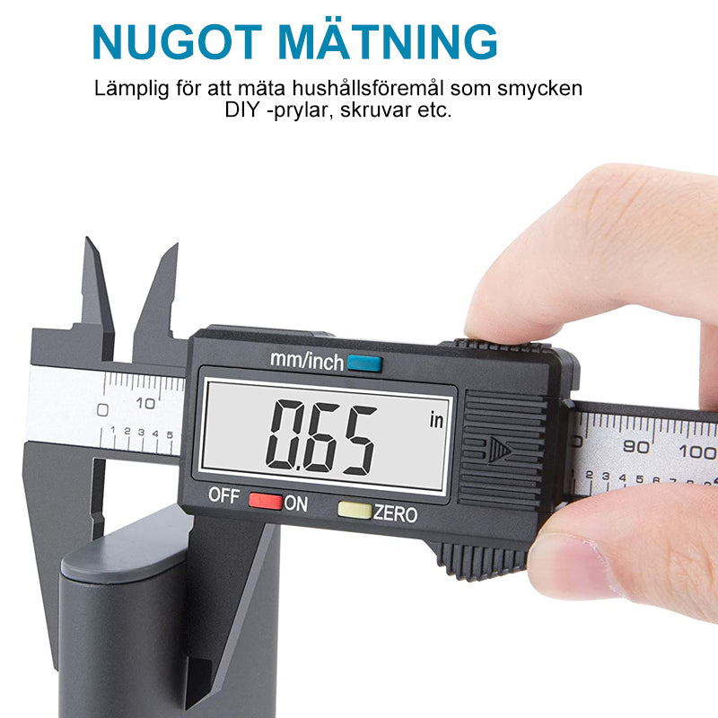 "Elektronisk Digital Vernier Caliper i plast för precisionsmätning, mätområde 0-150 mm, visar både tum och millimeter."