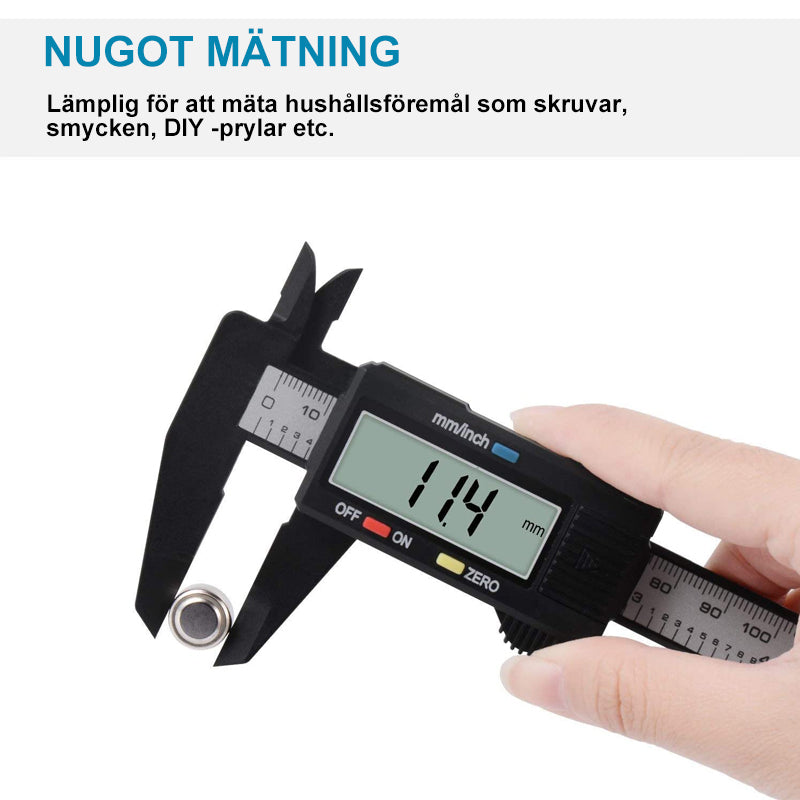"Elektronisk Digital Vernier Caliper i plast för precisionsmätning, mätområde 0-150 mm, visar både tum och millimeter."