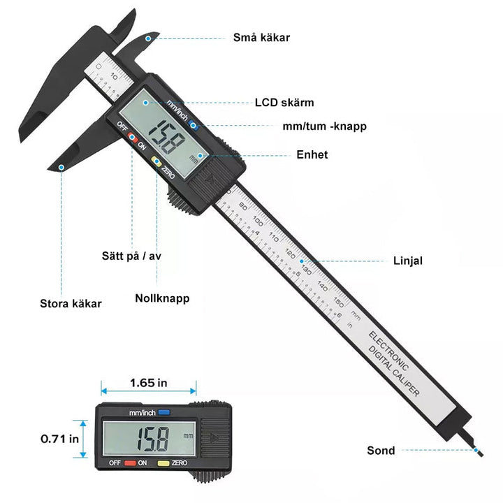 "Elektronisk Digital Vernier Caliper i plast för precisionsmätning, mätområde 0-150 mm, visar både tum och millimeter."