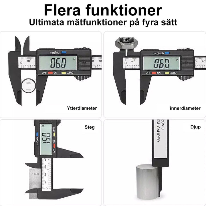 "Elektronisk Digital Vernier Caliper i plast för precisionsmätning, mätområde 0-150 mm, visar både tum och millimeter."