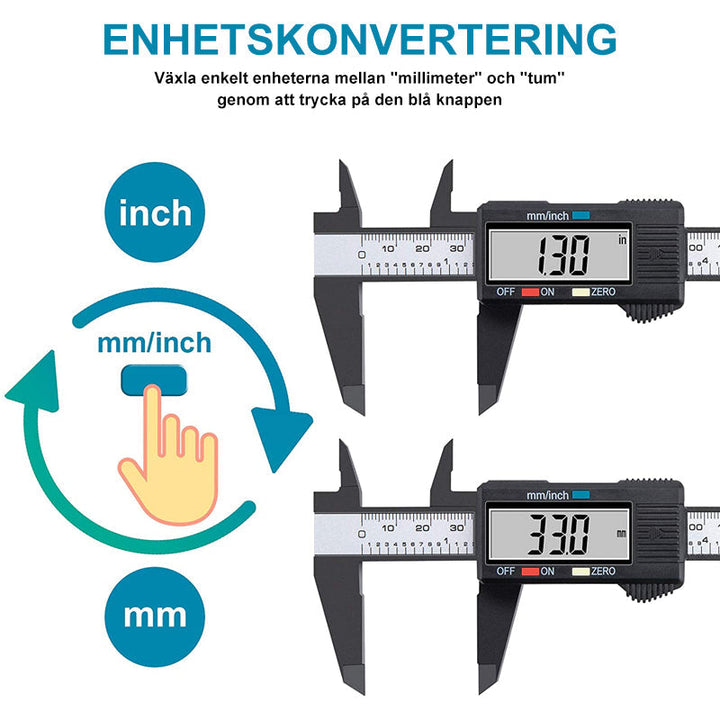 "Elektronisk Digital Vernier Caliper i plast för precisionsmätning, mätområde 0-150 mm, visar både tum och millimeter."