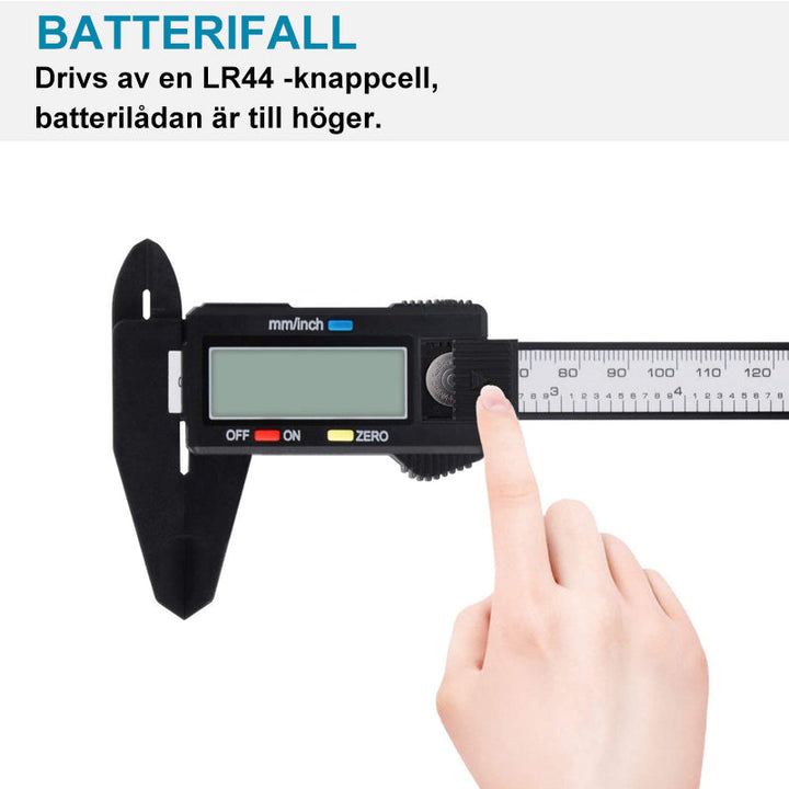 "Elektronisk Digital Vernier Caliper i plast för precisionsmätning, mätområde 0-150 mm, visar både tum och millimeter."