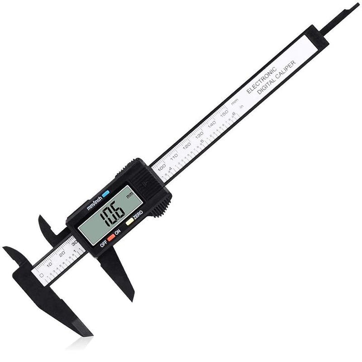 "Elektronisk Digital Vernier Caliper i plast för precisionsmätning, mätområde 0-150 mm, visar både tum och millimeter."