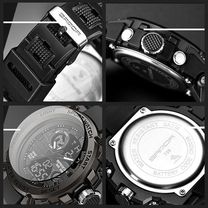 "Elektronisk dubbeltskärmsklocka, svart och armégrön, med silver och guld detaljer, för utomhusbruk och tidszonssynk."