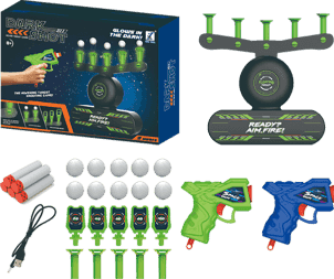 Familjelek med elektronisk skumpistol & interaktivt flytande målsystem. Spännande skjutspel för barn, utvecklar precision.