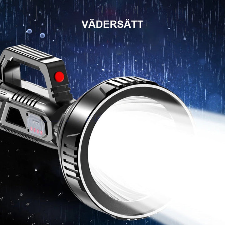 "Elektronisk superljus LED-ficklampa med vattentät design och tre ljuslägen, perfekt för nödsituationer och äventyr."