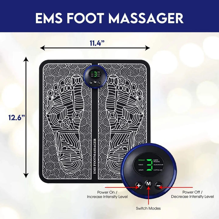 Person använder uppladdningsbar EMS fotmassagerare för att lindra trötta fötter och förbättra cirkulationen.