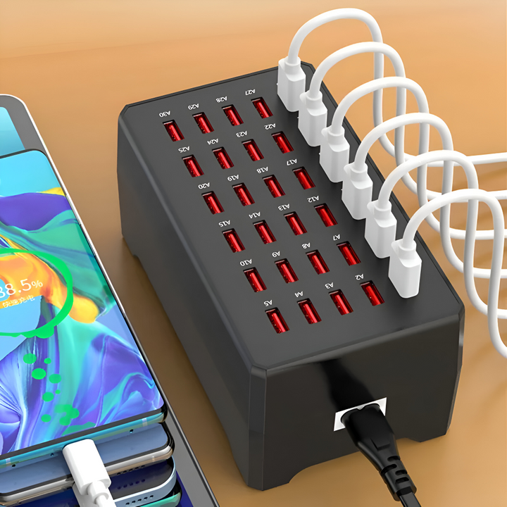 En universell svart multi-USB-laddstation med flera portar för snabb och smart laddning av elektronik.