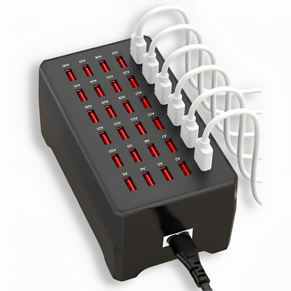 Baksidan av en multi-USB-laddare, som visar ströminmatning och enkel kabelhantering.