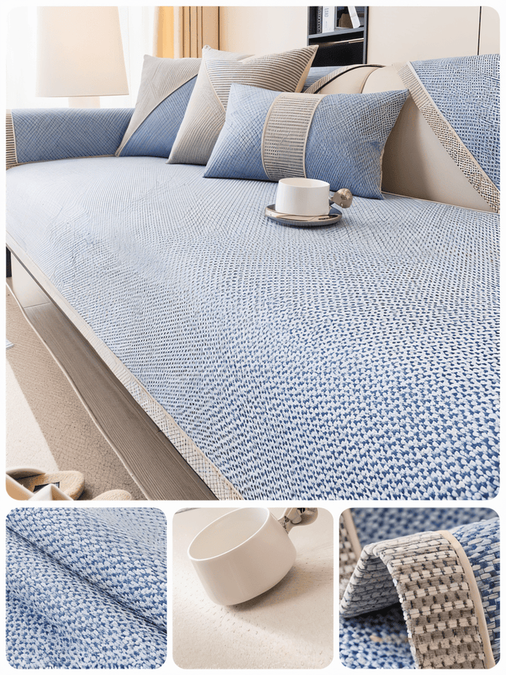 Modernt enfärgat sofföverdrag som förvandlar soffan. Halkfri polyester för stilren inredning i vardagsrummet.