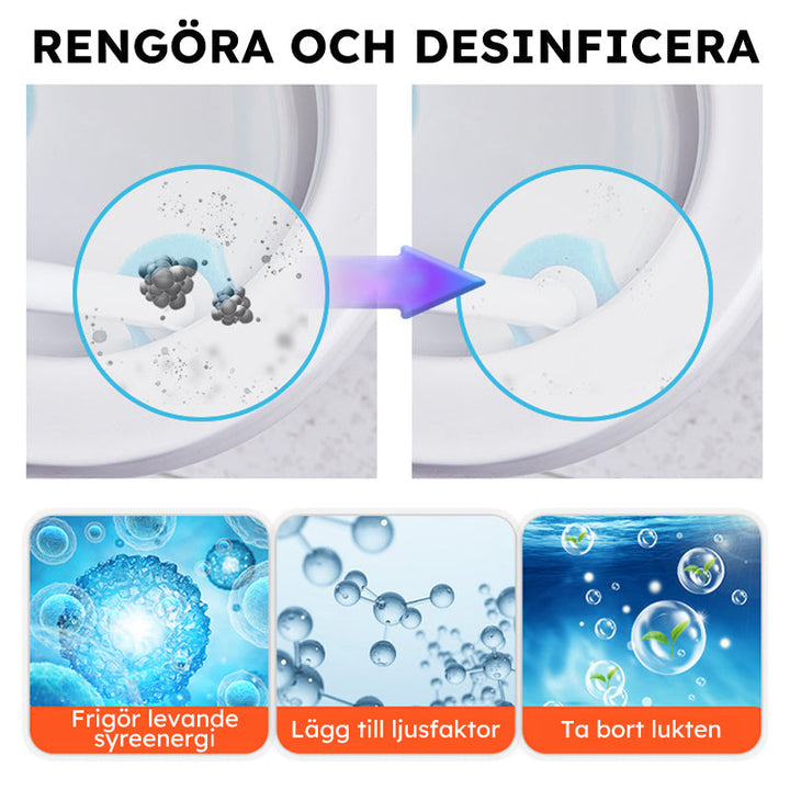 "Engångstoalettrengöringssystem med havsdofter, svartvit stav med rengöringshuvud i ljusare nyanser, klar för användning."