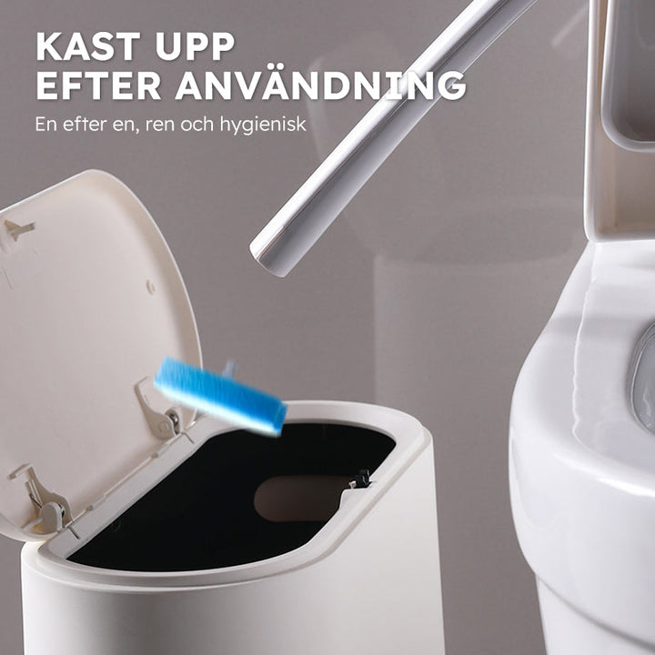 "Engångstoalettrengöringssystem med havsdofter, svartvit stav med rengöringshuvud i ljusare nyanser, klar för användning."