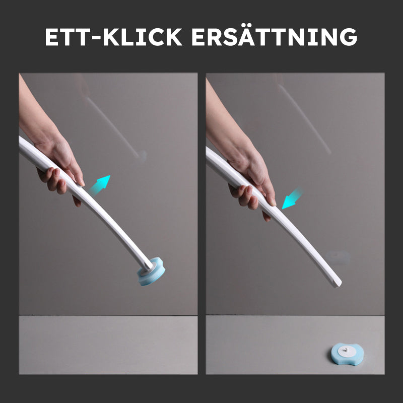 "Engångstoalettrengöringssystem med havsdofter, svartvit stav med rengöringshuvud i ljusare nyanser, klar för användning."