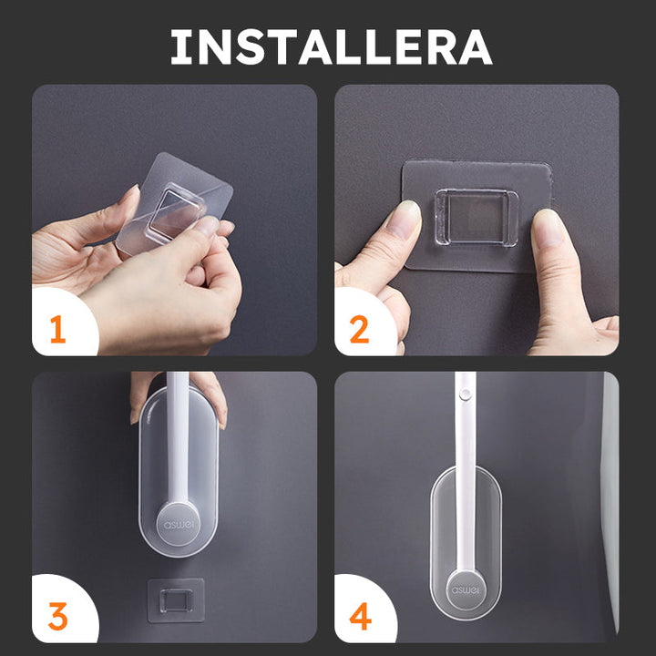 "Engångstoalettrengöringssystem med havsdofter, svartvit stav med rengöringshuvud i ljusare nyanser, klar för användning."