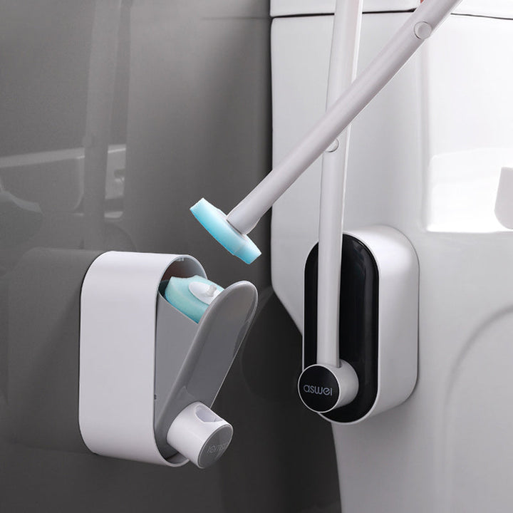 "Engångstoalettrengöringssystem med havsdofter, svartvit stav med rengöringshuvud i ljusare nyanser, klar för användning."