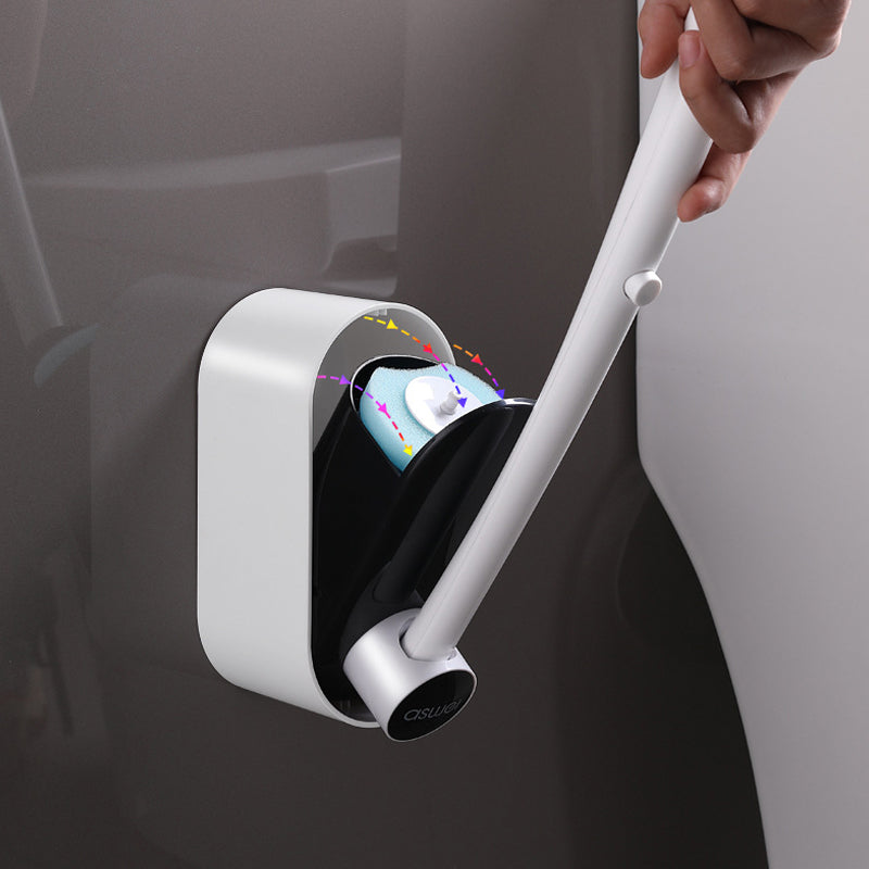 "Engångstoalettrengöringssystem med havsdofter, svartvit stav med rengöringshuvud i ljusare nyanser, klar för användning."