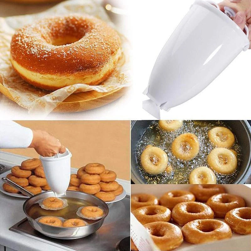 "Enkel munkmaskin av ABS, vit med rött handtag, kompakt design. Perfekt för hemmagjorda munkar i köket."