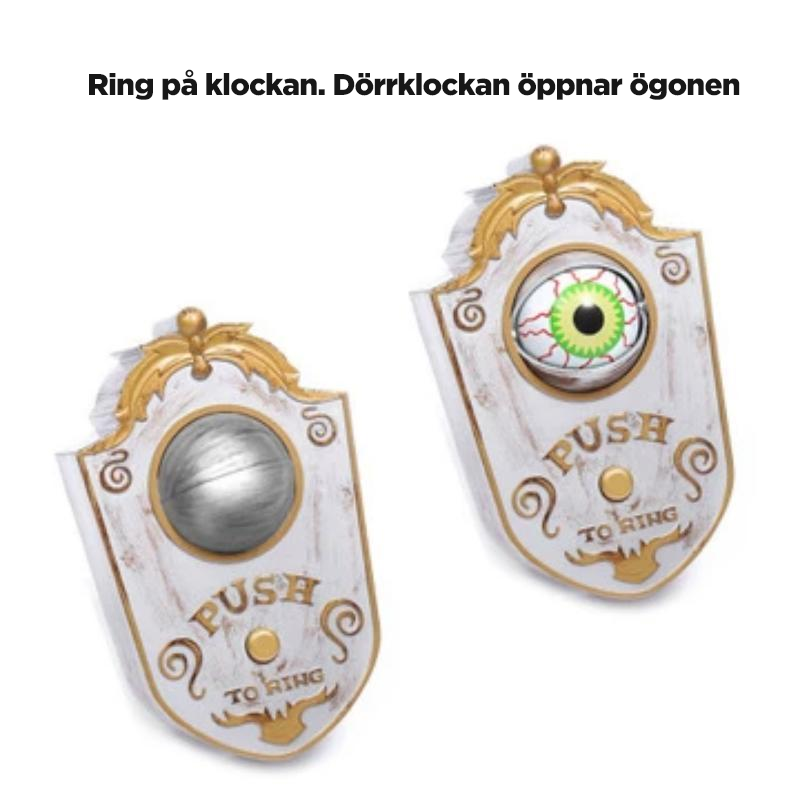 "Enögd dörrklocka i form av skrämmande öga med ljuseffekter, grå och svart plast, perfekt för Halloween-dekoration."