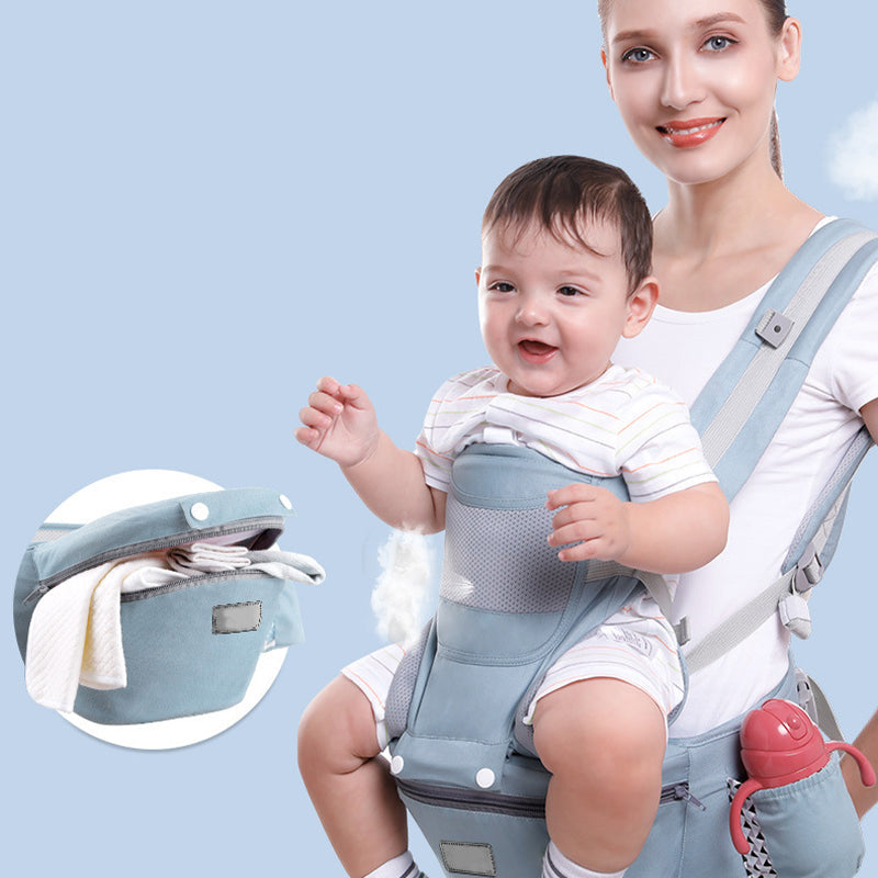 "Ergonomisk bärsele för spädbarn i grått, nio bärpositioner, perfekt för alla säsonger, maxvikt 25 kg, justerbar design"