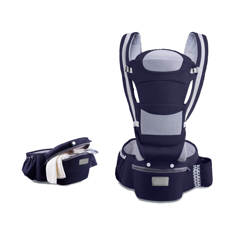 "Ergonomisk bärsele för spädbarn i grått, nio bärpositioner, perfekt för alla säsonger, maxvikt 25 kg, justerbar design"