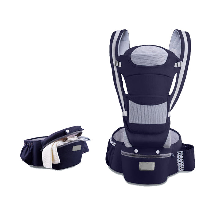"Ergonomisk bärsele för spädbarn i grått, nio bärpositioner, perfekt för alla säsonger, maxvikt 25 kg, justerbar design"