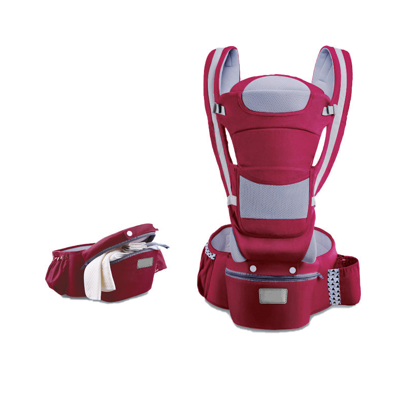 "Ergonomisk bärsele för spädbarn i grått, nio bärpositioner, perfekt för alla säsonger, maxvikt 25 kg, justerbar design"