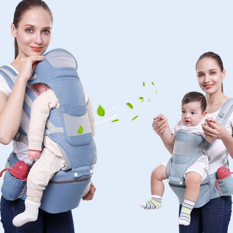 "Ergonomisk bärsele för spädbarn i grått, nio bärpositioner, perfekt för alla säsonger, maxvikt 25 kg, justerbar design"
