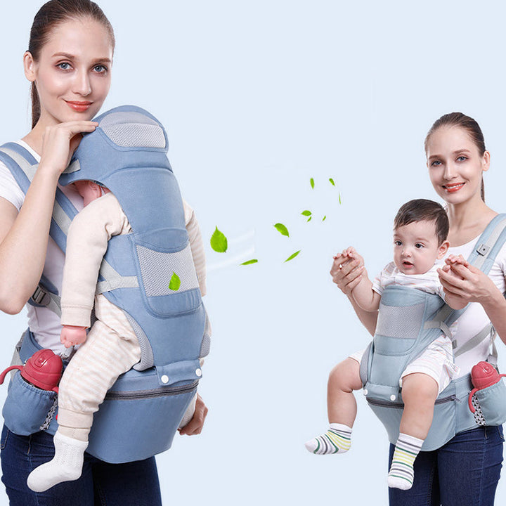"Ergonomisk bärsele för spädbarn i grått, nio bärpositioner, perfekt för alla säsonger, maxvikt 25 kg, justerbar design"