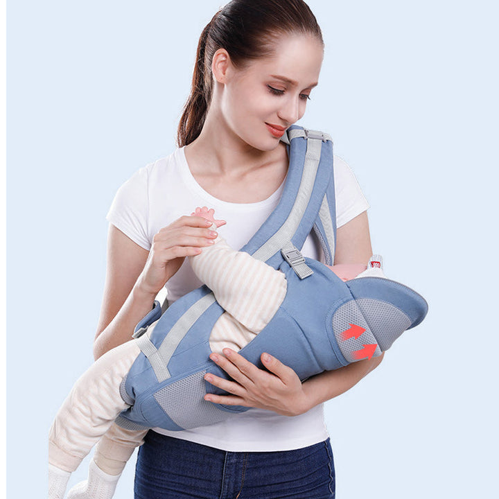 "Ergonomisk bärsele för spädbarn i grått, nio bärpositioner, perfekt för alla säsonger, maxvikt 25 kg, justerbar design"