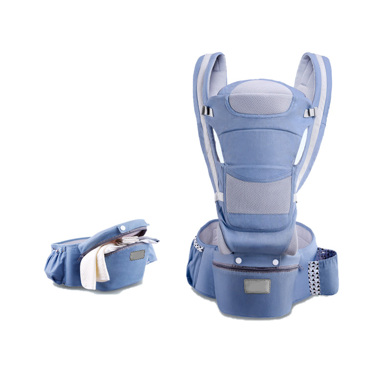 "Ergonomisk bärsele för spädbarn i grått, nio bärpositioner, perfekt för alla säsonger, maxvikt 25 kg, justerbar design"