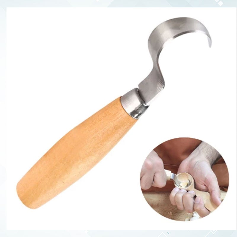 "Ergonomisk böjd sniderkniv för träbearbetning, ultraskarpt krokslipat blad och ergonomiskt grepphandtag för precision."