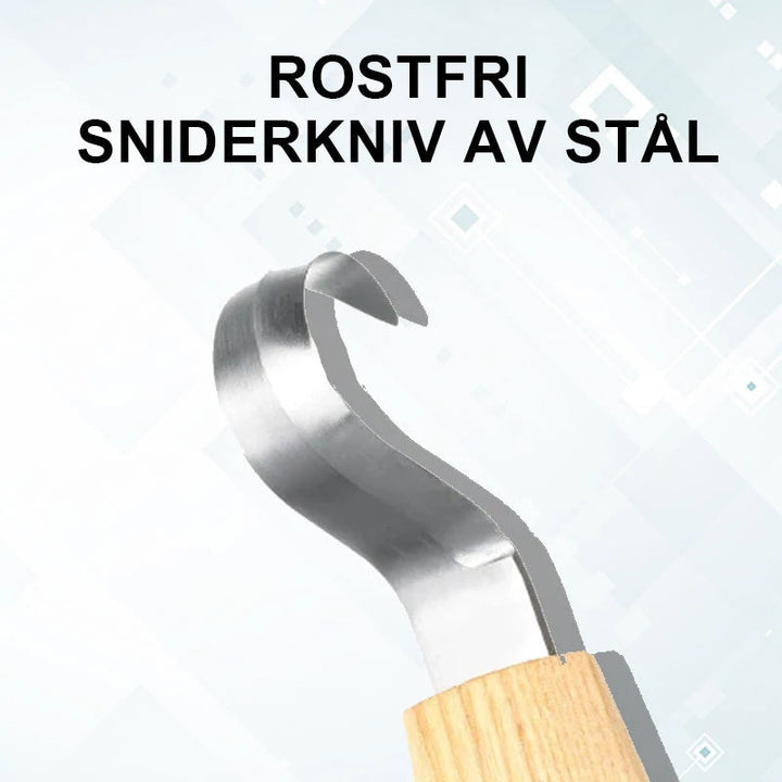 "Ergonomisk böjd sniderkniv för träbearbetning, ultraskarpt krokslipat blad och ergonomiskt grepphandtag för precision."