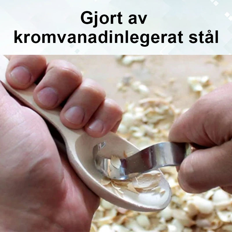 "Ergonomisk böjd sniderkniv för träbearbetning, ultraskarpt krokslipat blad och ergonomiskt grepphandtag för precision."