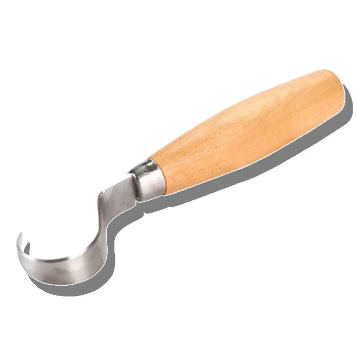 "Ergonomisk böjd sniderkniv för träbearbetning, ultraskarpt krokslipat blad och ergonomiskt grepphandtag för precision."