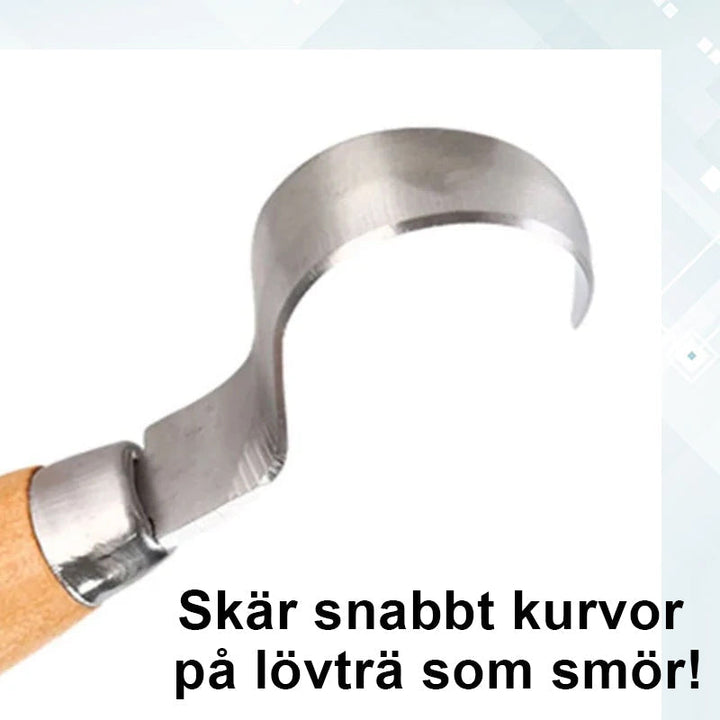 "Ergonomisk böjd sniderkniv för träbearbetning, ultraskarpt krokslipat blad och ergonomiskt grepphandtag för precision."