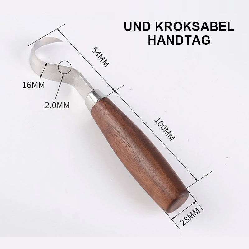 "Ergonomisk böjd sniderkniv för träbearbetning, ultraskarpt krokslipat blad och ergonomiskt grepphandtag för precision."