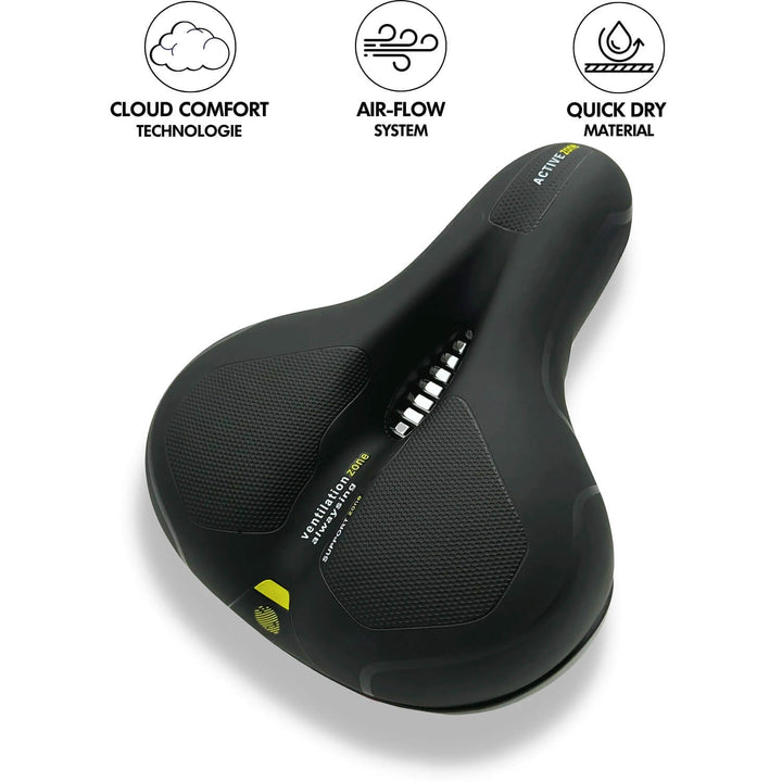 Cykelsadel i svart med ergonomisk utformning, minskar domningar och obehag för skönare cykling.