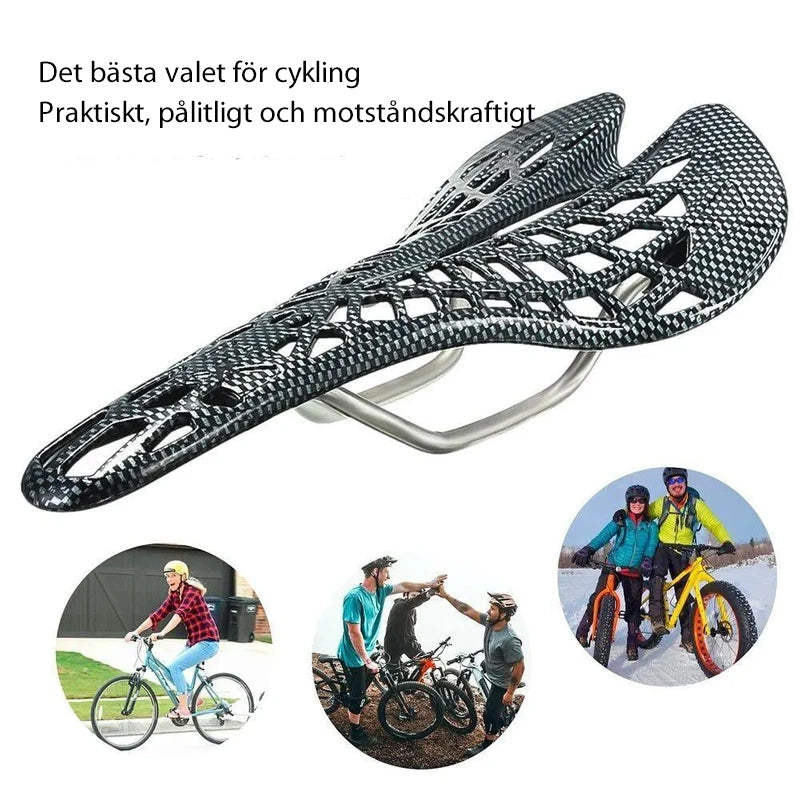 "Ergonomisk cykelsadel med fjädring i svart, med ventilerad och aerodynamisk design för optimal komfort och prestanda."