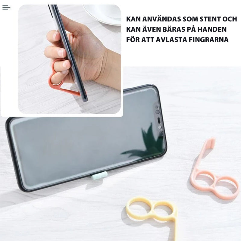 "Ergonomisk fingerhållare för mobiltelefoner med starkt stöd, lätt design, passar de flesta telefoner och surfplattor."