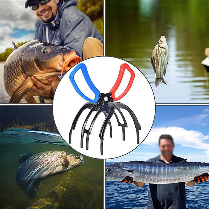 "Ergonomisk fisketång med blått och rött plasthandtag, perfekt för multianvändning vid fiske, robust och mångsidig."