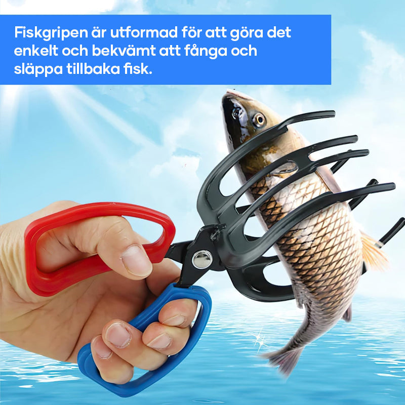 "Ergonomisk fisketång med blått och rött plasthandtag, perfekt för multianvändning vid fiske, robust och mångsidig."